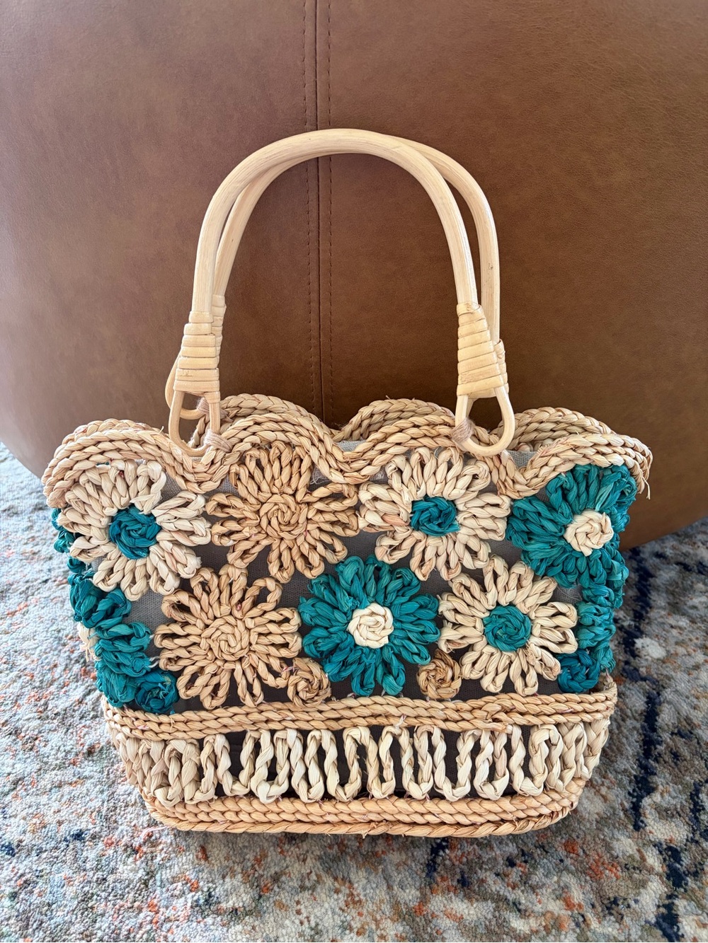 Haute Hippie Handwoven Floral Crochet Straw Tote Bag in Natural and Teal